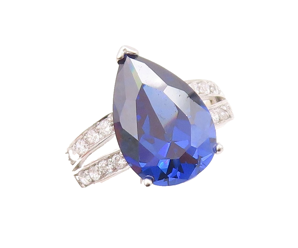 925 Sterling Silver Vintage Ring Drop Cut Sapphire & CZ Band  Sz 7  RG30945
