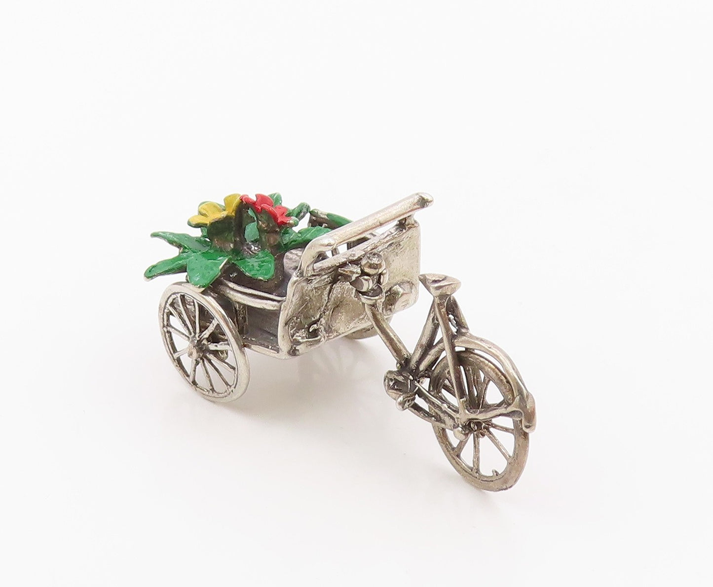 925 Sterling Silver  Vintage Enamel Flowers on Bicycle Wagon Trinket  TR2746