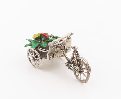 925 Sterling Silver  Vintage Enamel Flowers on Bicycle Wagon Trinket  TR2746