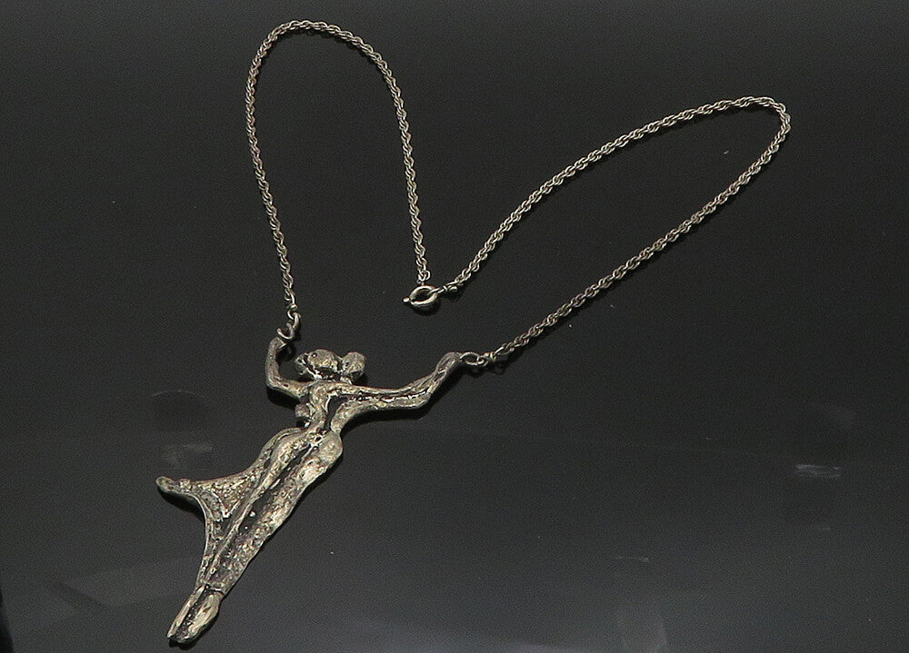 925 Sterling Silver  Vintage Modernist Sculpted Couple Chain Necklace  NE3466