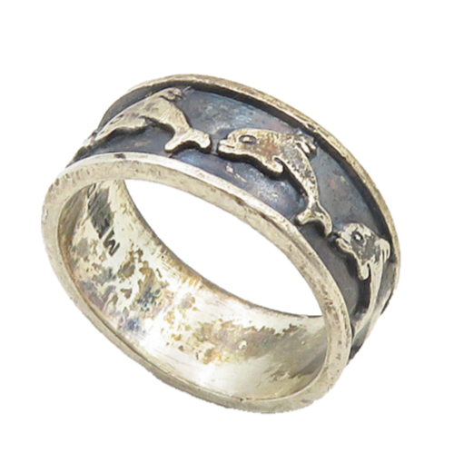 MEXICO 925 Sterling Silver  Vintage Oxidized Dolphins Band Ring Sz 8  RG9993