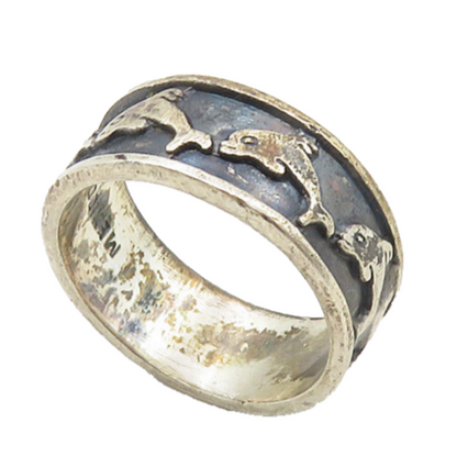 MEXICO 925 Sterling Silver  Vintage Oxidized Dolphins Band Ring Sz 8  RG9993