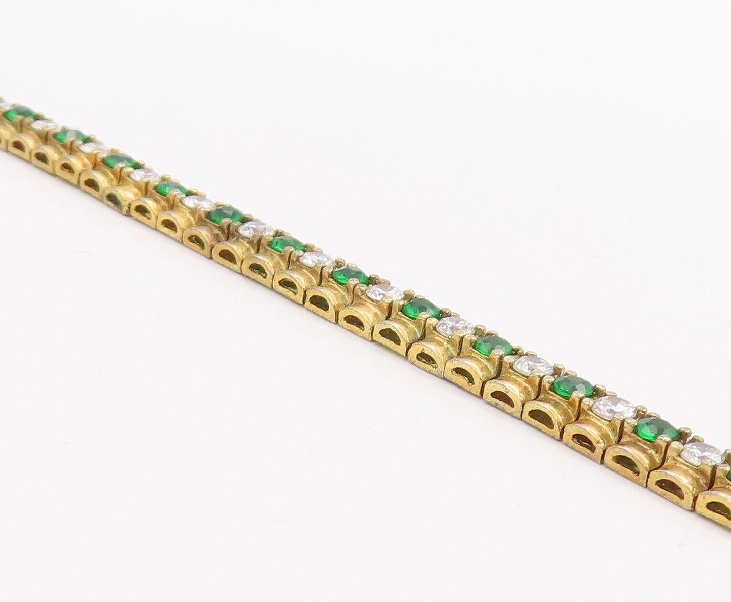925 Sterling Silver Vintage Bracelet Gold Plated Green & White CZ  BT10623