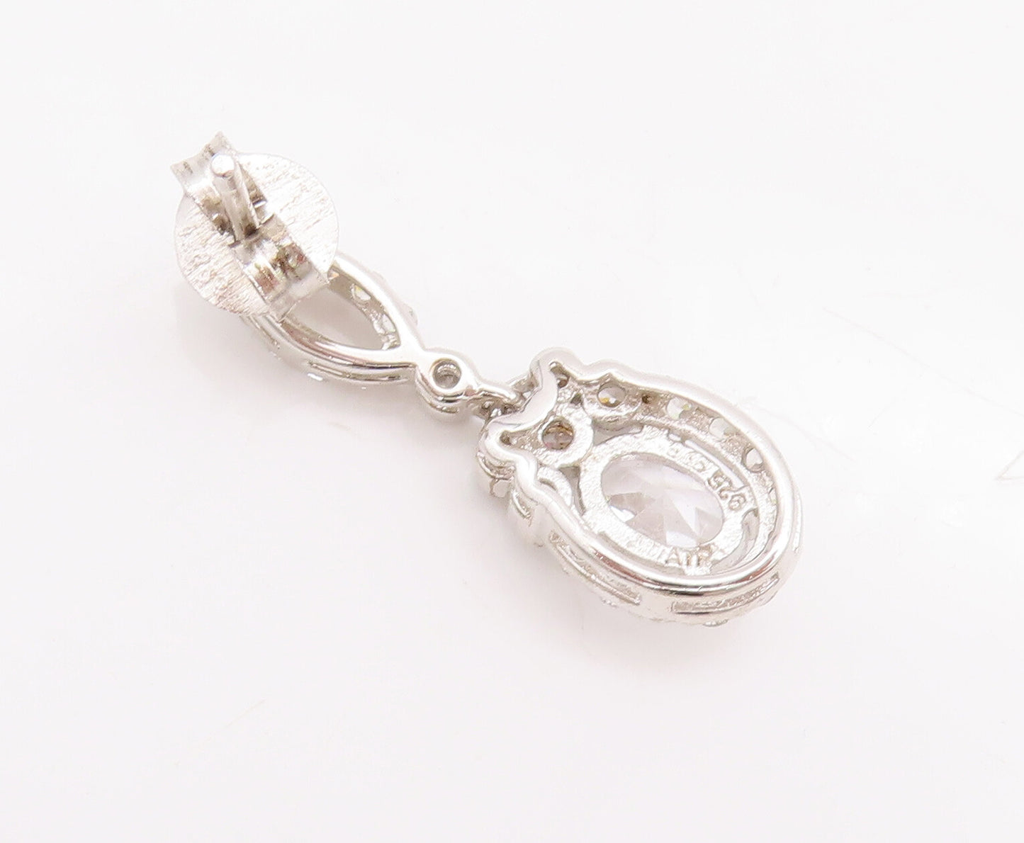 925 Sterling Silver Vintage Earrings Carved Eye Shape & Dangling Oval CZ EG13006