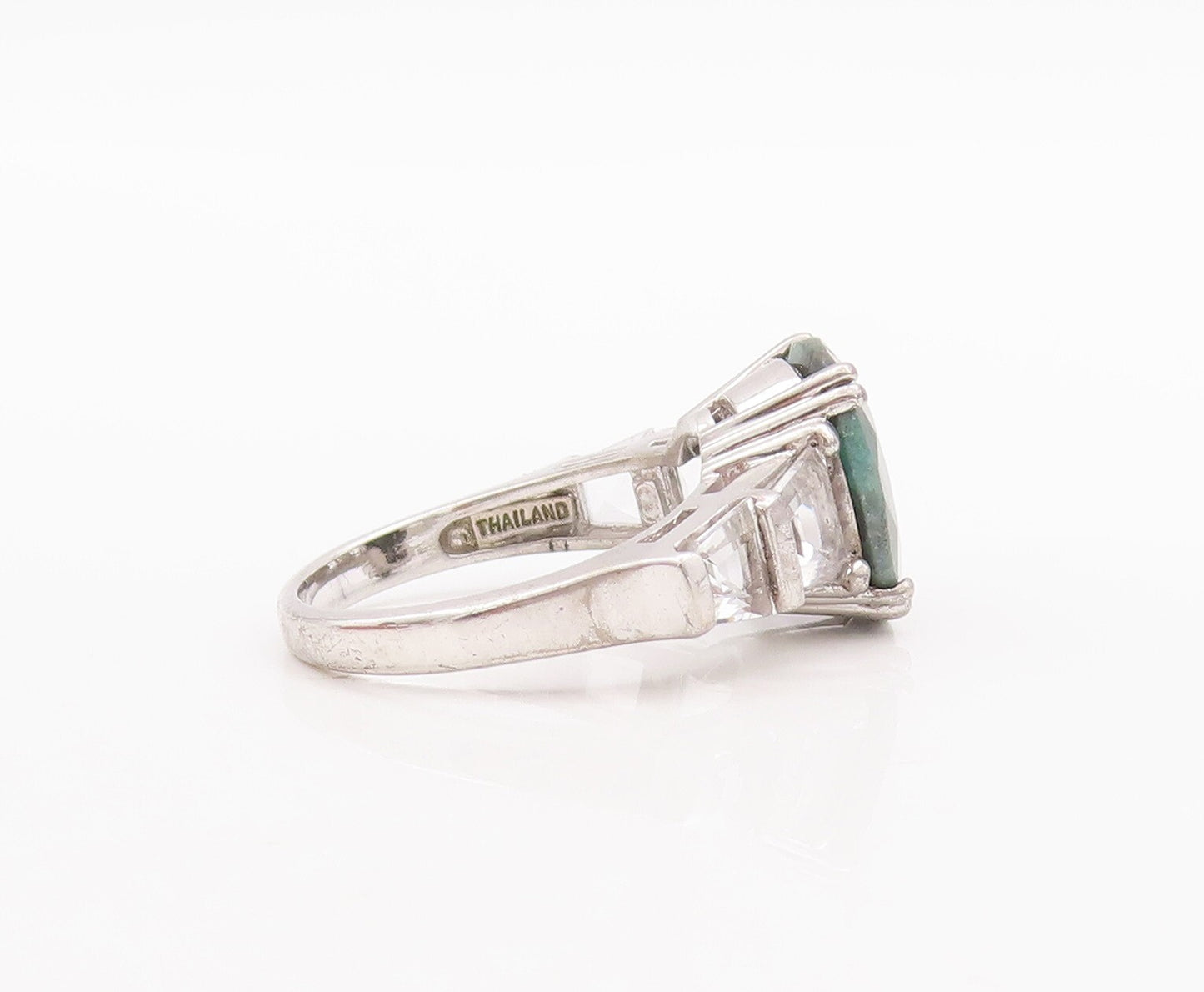 925 Sterling Silver Vintage Ring Green Oval Cut Gemstone & CZ  Sz 7  RG29500