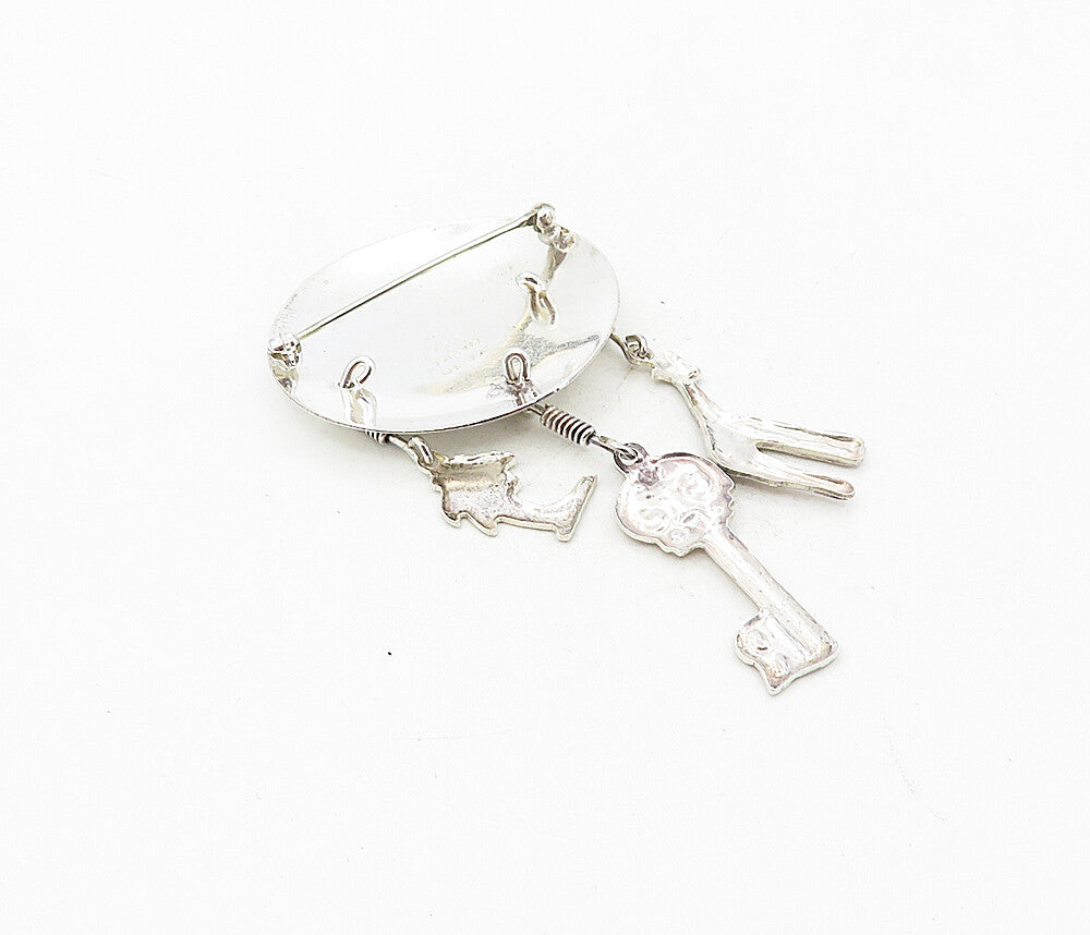 MEXICO 925 Sterling Silver  Vintage Shiny Dangling Charms Brooch Pin  BP3167
