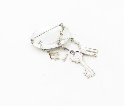 MEXICO 925 Sterling Silver  Vintage Shiny Dangling Charms Brooch Pin  BP3167
