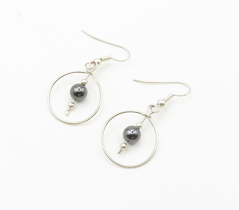 925 Sterling Silver  Shiny Hematite Bead Open Circle Dangle Earrings  EG7895