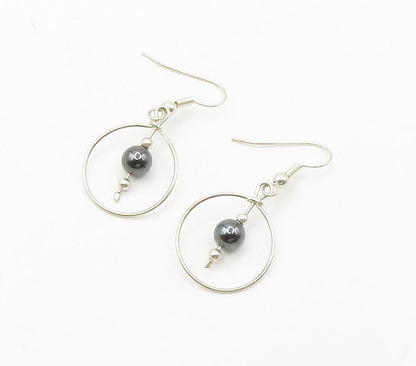 925 Sterling Silver  Shiny Hematite Bead Open Circle Dangle Earrings  EG7895