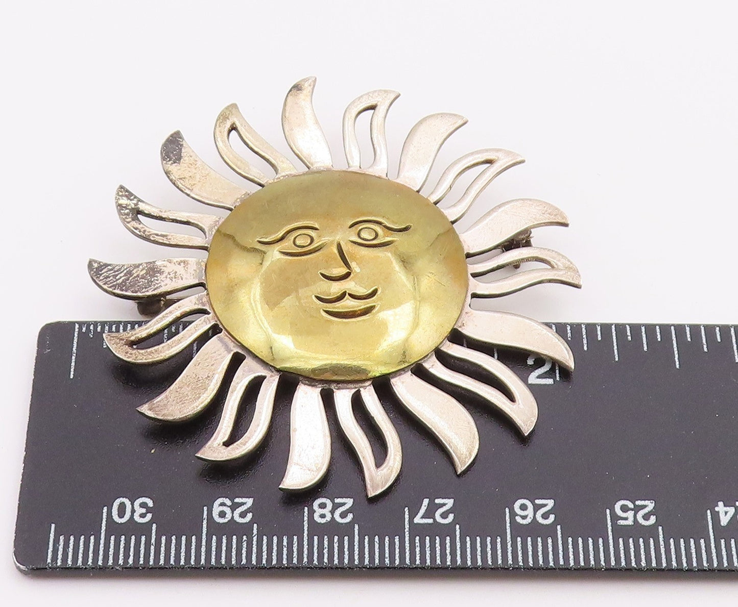 MEXICO 925 Sterling Silver  Vintage Shiny Two Tone Sun Face Brooch Pin  BP7963