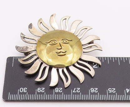 MEXICO 925 Sterling Silver  Vintage Shiny Two Tone Sun Face Brooch Pin  BP7963