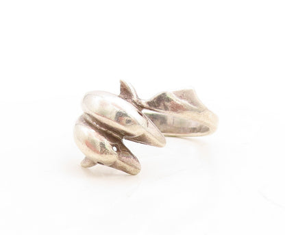 925 Sterling Silver Vintage Ring Solid Carved Diving Dolphins  Sz 8  RG31252