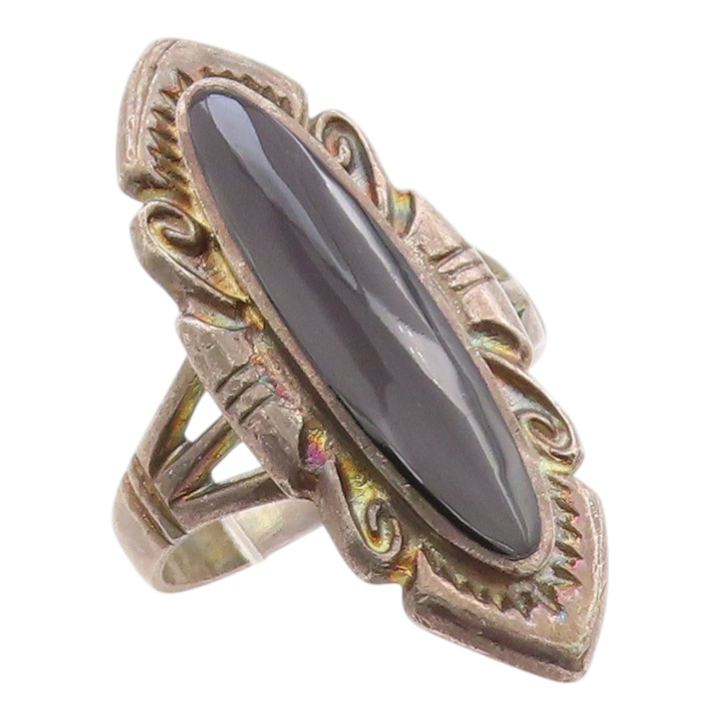 925 Sterling Silver Vintage Ring Classic Etched Black Onyx Band  Sz 12  RG36291