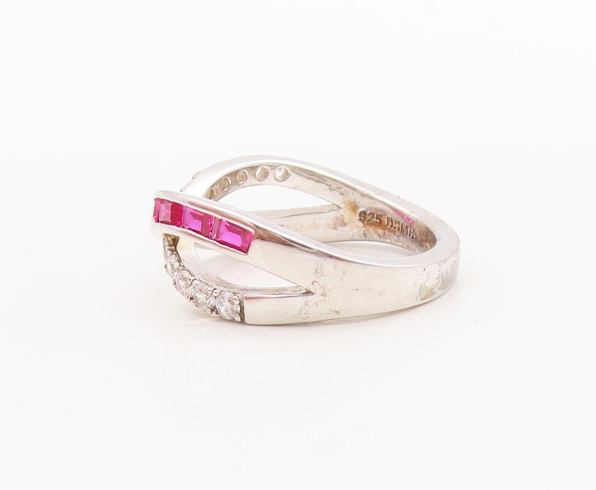 925 Sterling Silver Vintage Ring X Shape Cutout Pink & White Topaz Sz 7  RG29741