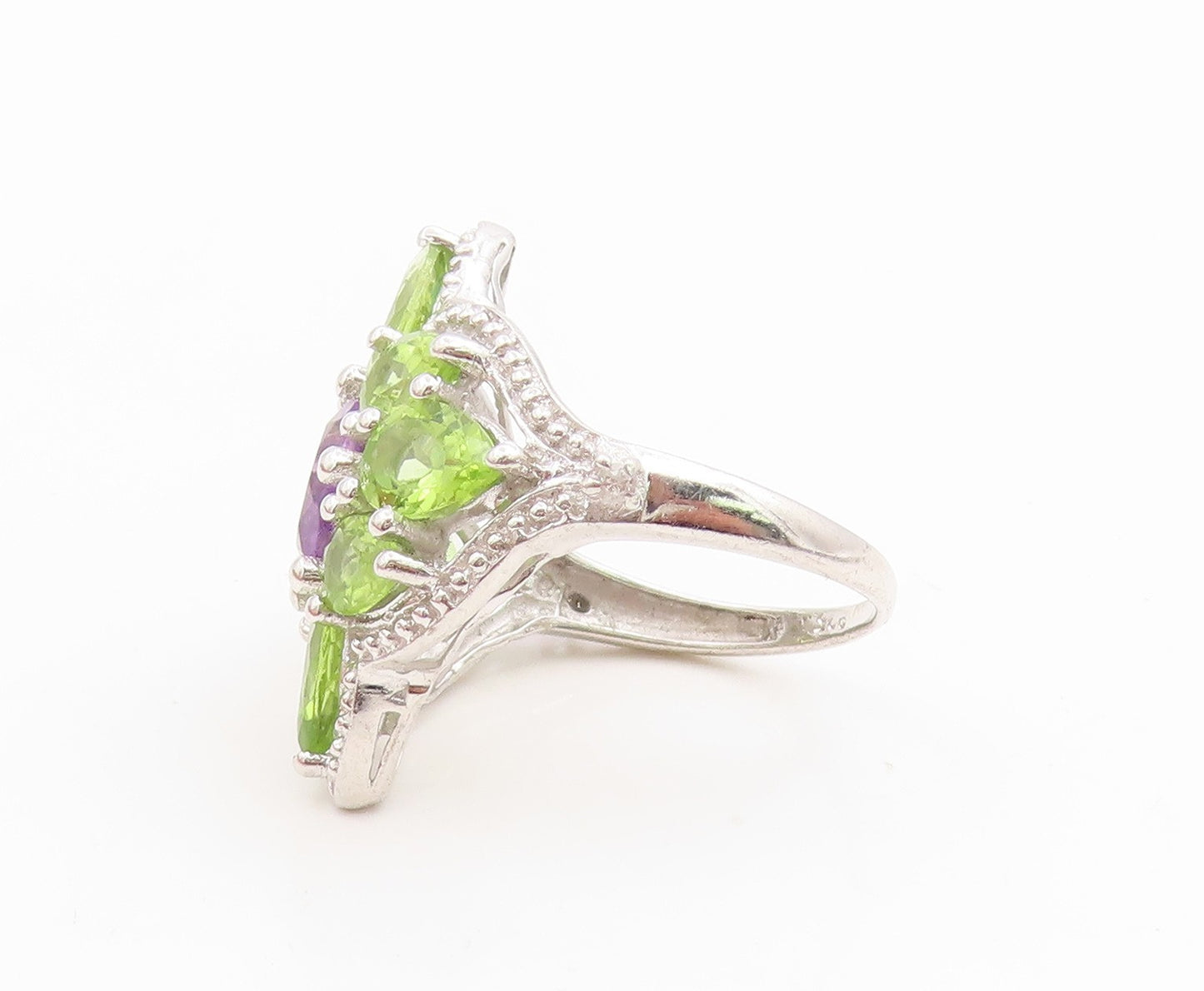 925 Sterling Silver Vintage Ring Amethyst & Peridot Floral Band  Sz 7.5  RG36164