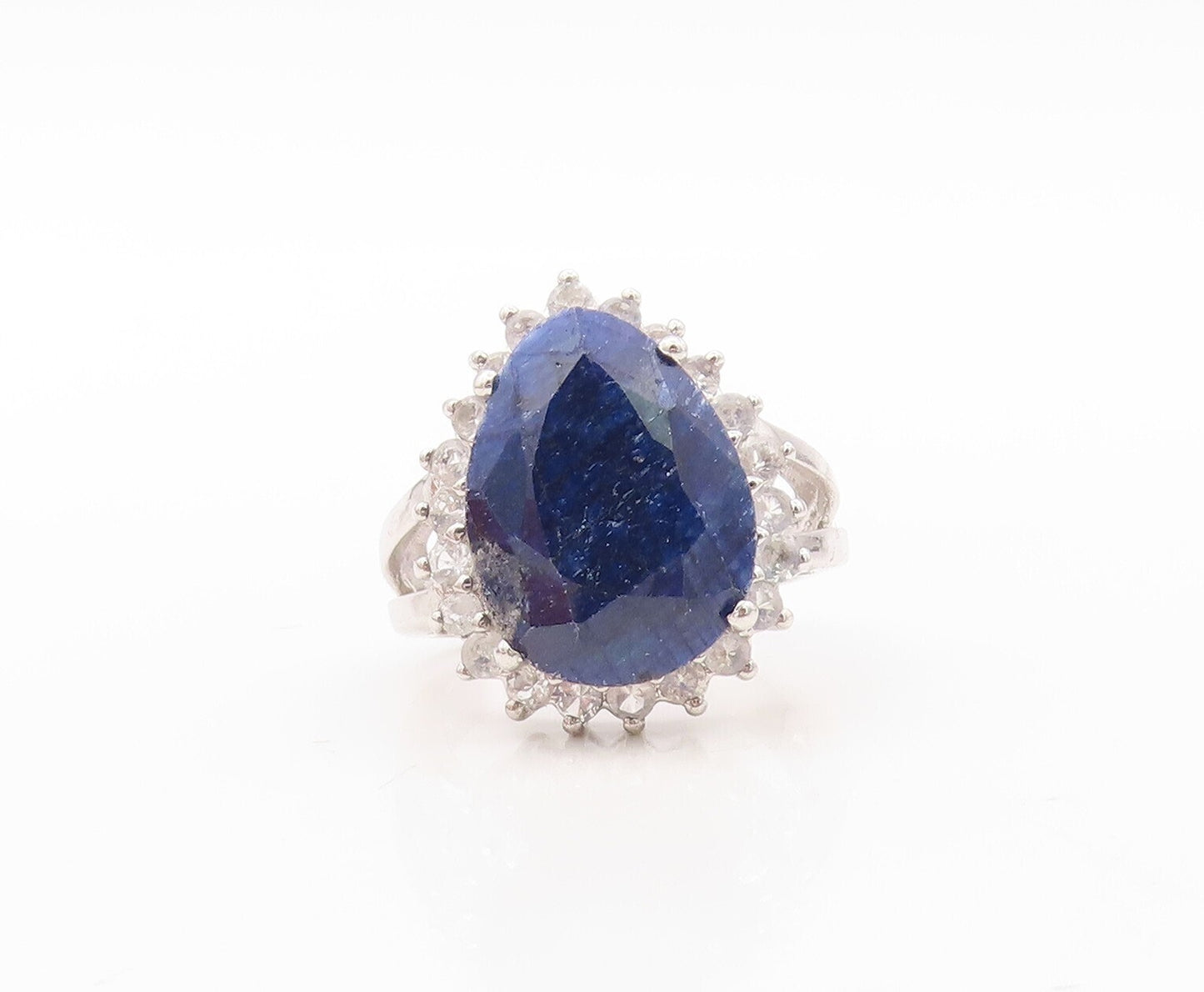 925 Sterling Silver Vintage Ring Drop Cut Sapphire Halo Topaz  Sz 7 RG30607
