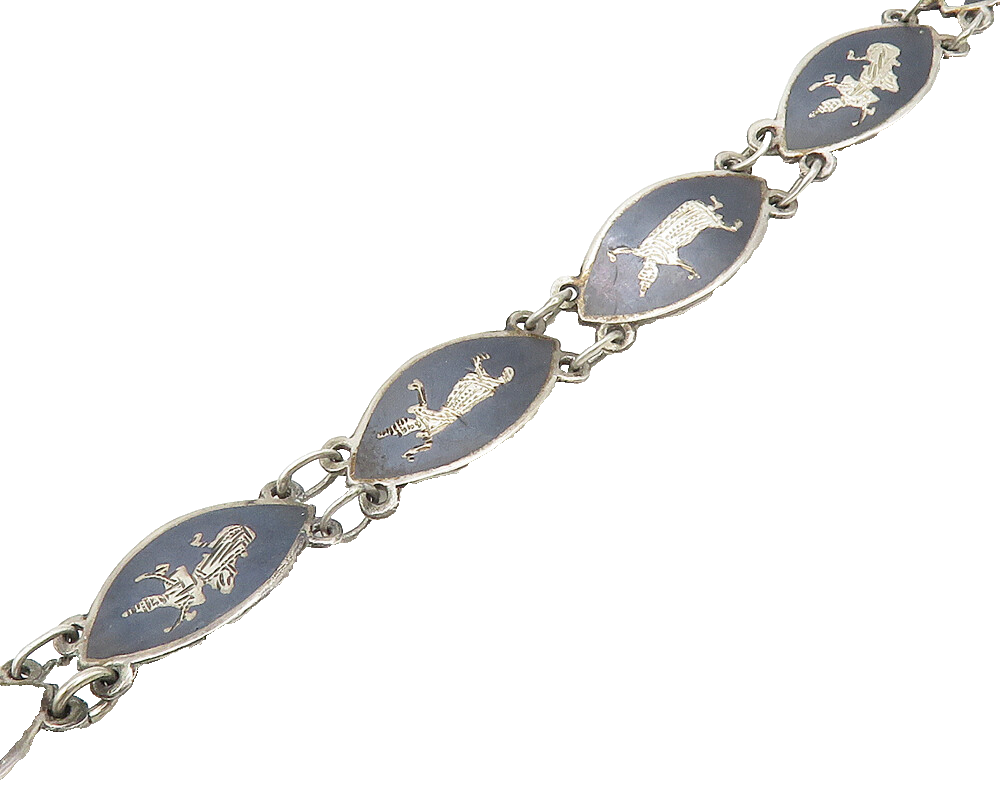 SIAM 925 Sterling Silver  Vintage Niello Enamel Dancer Chain Bracelet  BT6939