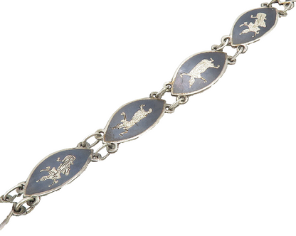 SIAM 925 Sterling Silver  Vintage Niello Enamel Dancer Chain Bracelet  BT6939