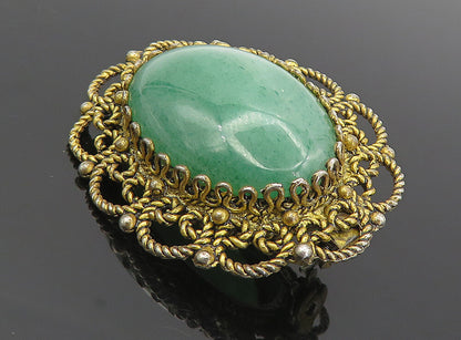 925 Sterling Silver  Vintage Cabochon Cut Green Agate Twist Brooch Pin  BP3016