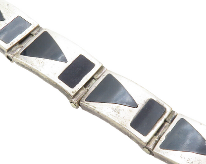 MEXICO 925 Sterling Silver  Vintage Inlaid Black Onyx Chain Bracelet  BT4456