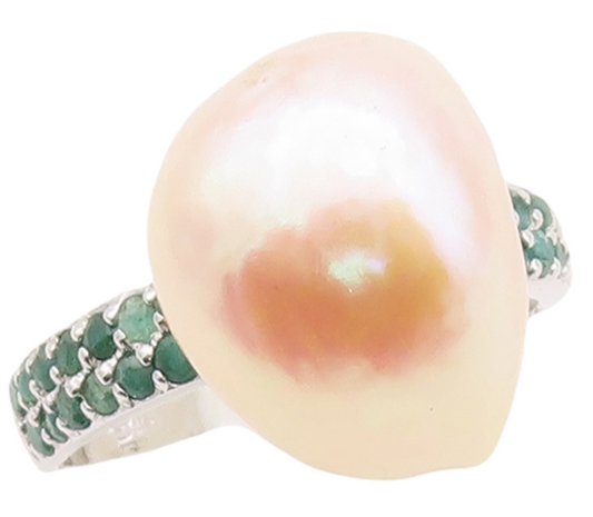 925 Sterling Silver Vintage Ring Amorphas Pearl Emerald Inlay Band Sz 8  RG29915