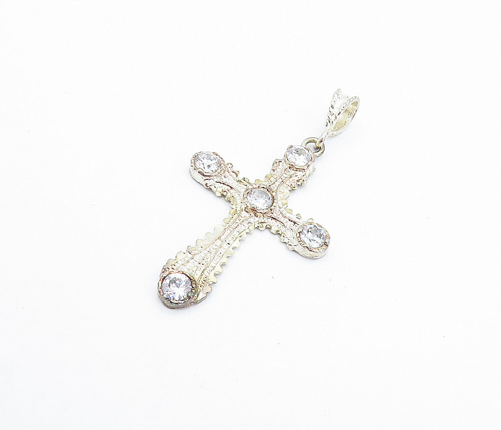 925 Sterling Silver Vintage Cubic Zirconia Religious Cross Pendant PT5199