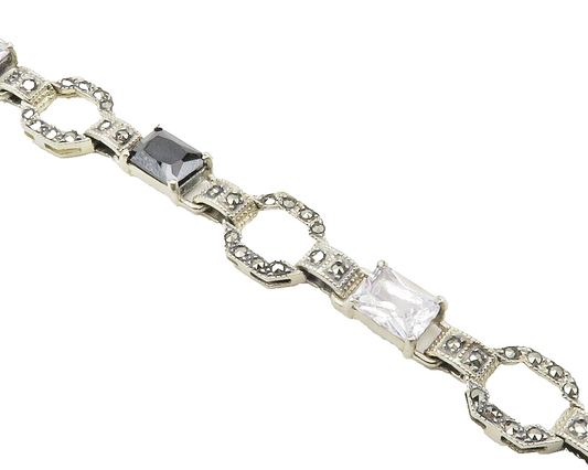 925 Silver  Vintage Hematite Cubic Zirconia & Marcasite Chain Bracelet  BT5410