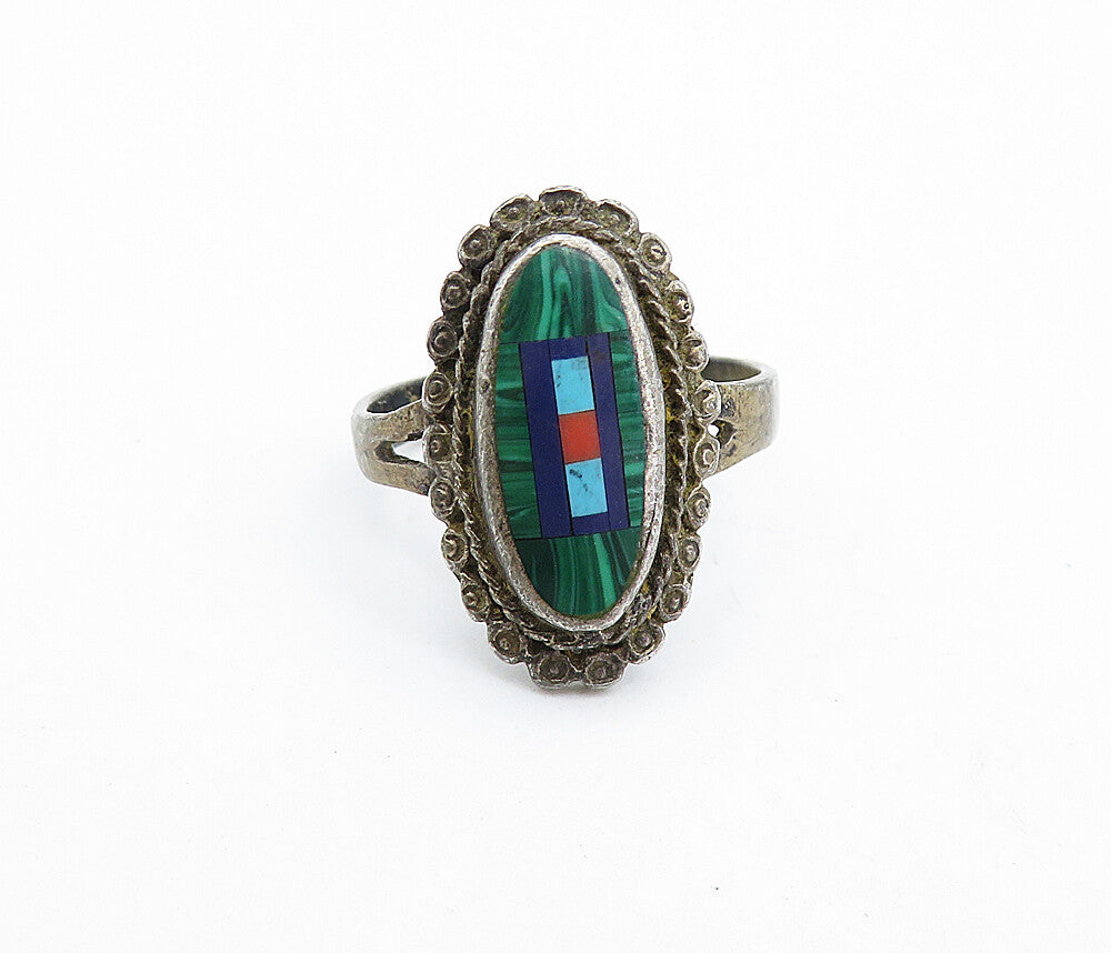 925 Silver Vintage Antique Malachite & Multi Stone Cocktail Ring Sz 8 RG7029