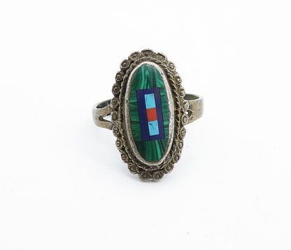 925 Silver Vintage Antique Malachite & Multi Stone Cocktail Ring Sz 8 RG7029