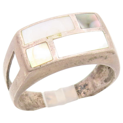 925 Sterling Silver Vintage Ring Mother Of Pearl Geometric Inlay  Sz 9  RG36926