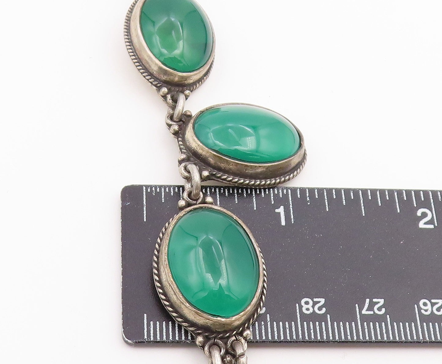 925 Sterling Silver Vintage Necklace Green Chalcedony Statement Chain  NE4911