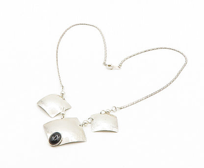 925 Sterling Silver  Vintage Black Onyx Shiny Hammered Chain Necklace  NE3259
