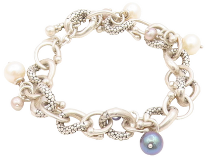 925 Sterling Silver Vintage Bracelet MICHAEL DAWKINS Pearl Dangle Link  BT11730