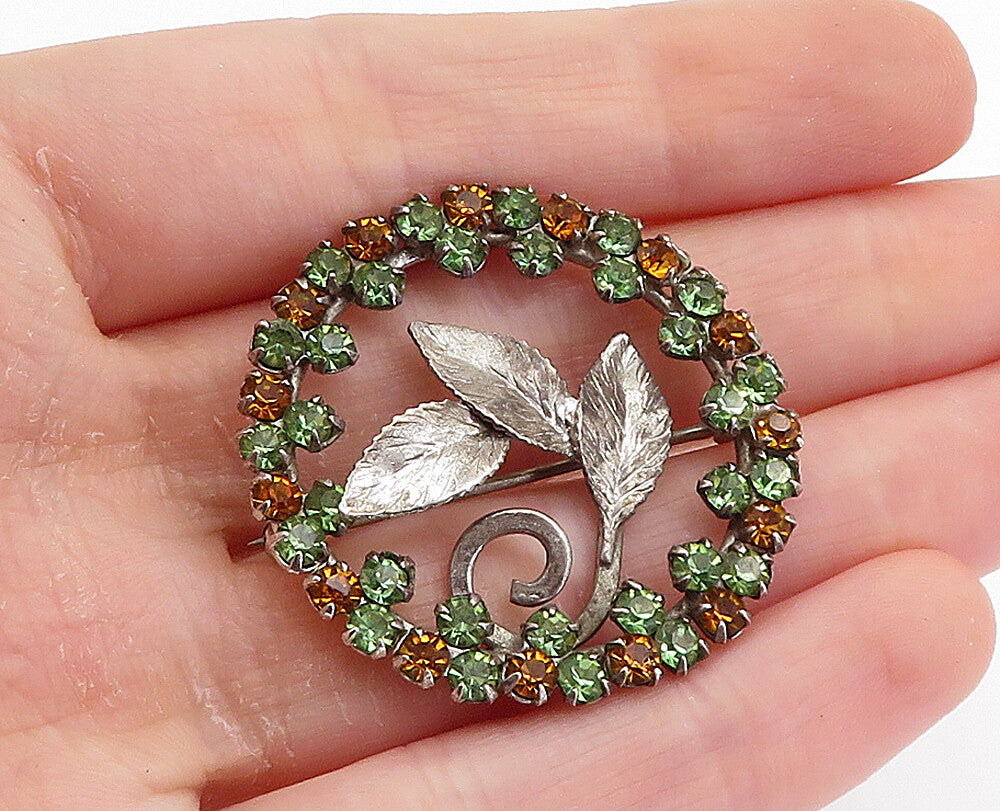 AM CO. 925 Silver  Vintage Citrine & Peridot Floral Leaf Brooch Pin  BP2825