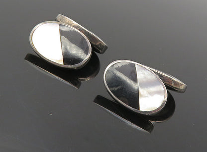 925 Sterling Silver  Vintage Mother Of Pearl & Black Onyx Cuff Links  TR1457