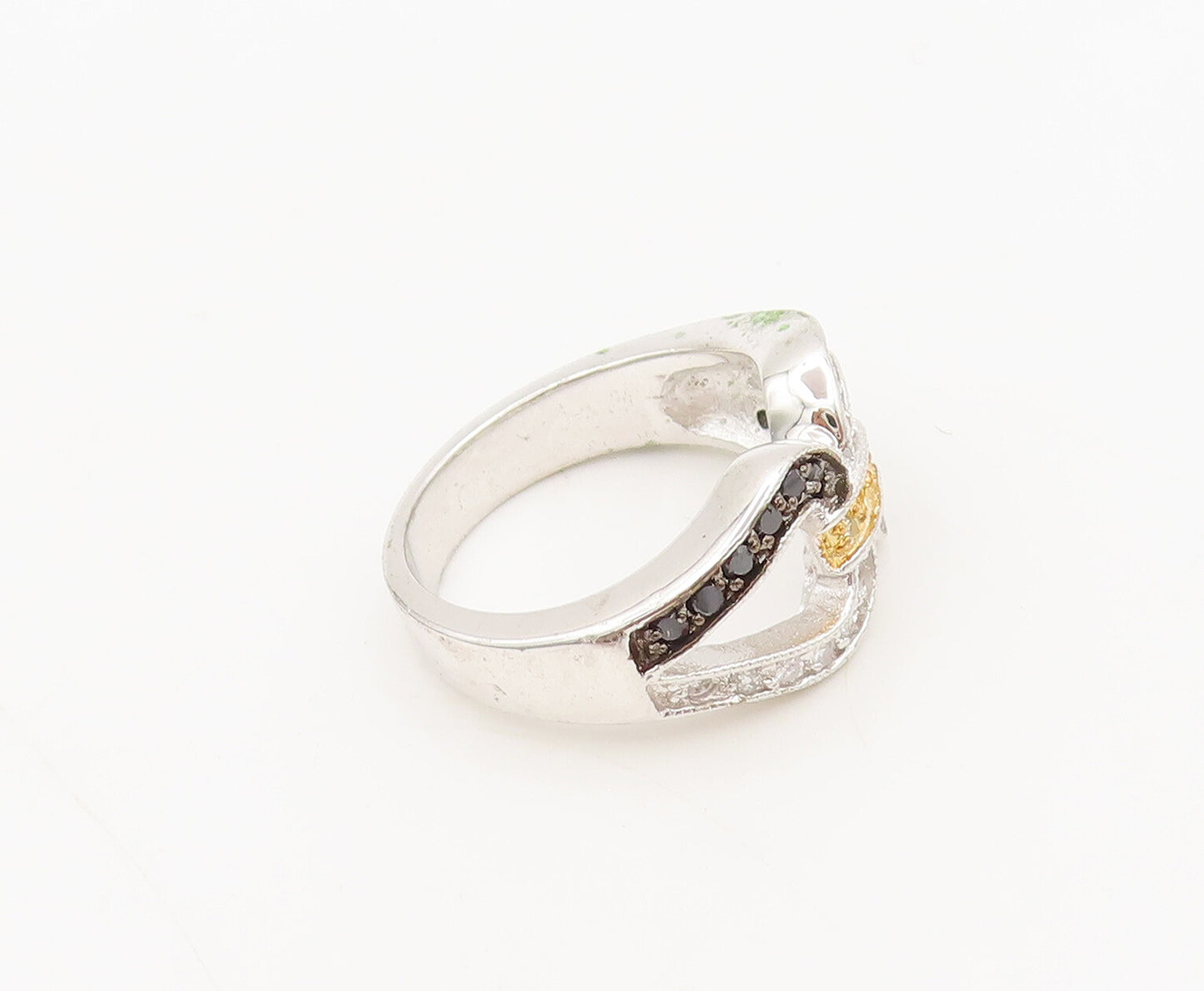 925 Silver  Vintage Inlay Black White & Golden CZ Lock Loop Ring Sz 7  RG27255