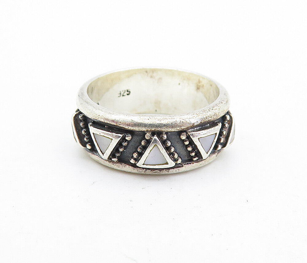 WOODS 925 Silver  Vintage Mother Of Pearl Triangles Band Ring Sz 7  RG7060