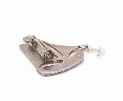 925 Sterling Silver Vintage Brooch Etched Sailboat With Dangling Anchor  BP11934