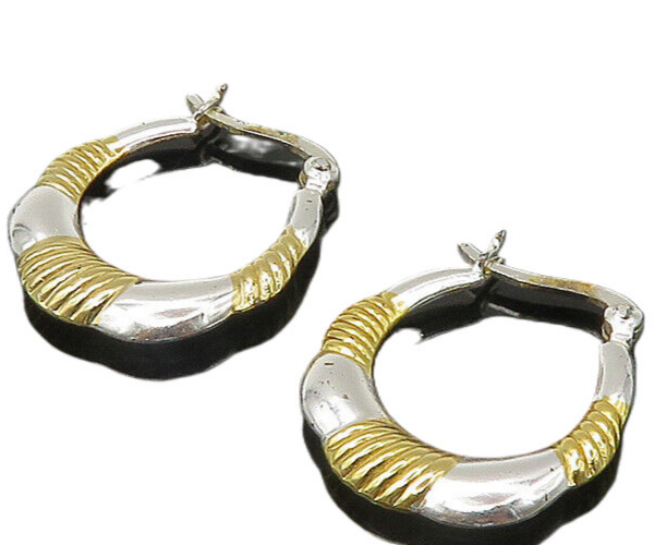 925 Sterling Silver  Vintage Shiny 2 Tone Fluted Detail Hoop Earrings EG10875