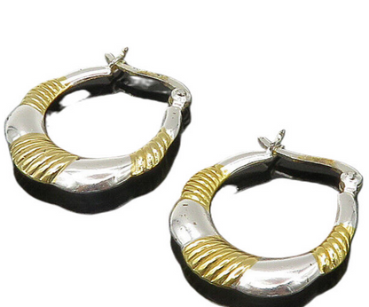 925 Sterling Silver  Vintage Shiny 2 Tone Fluted Detail Hoop Earrings EG10875