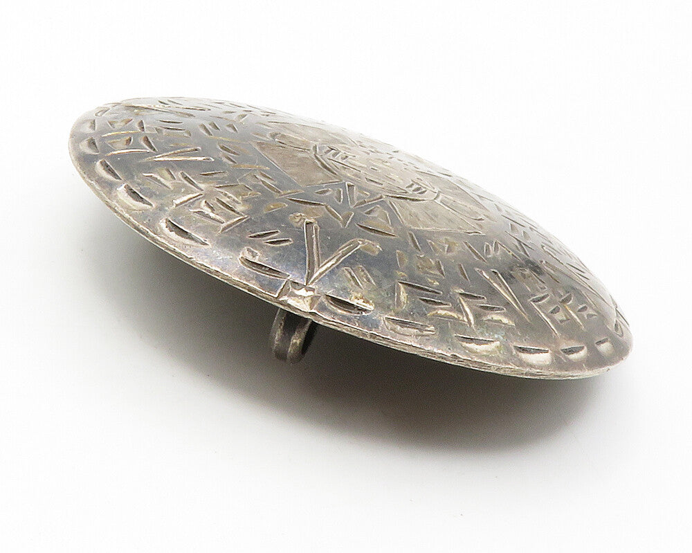 MEXICO 925 Silver  Vintage Etched Mayan Aztec Sun Calendar Brooch Pin  BP5462