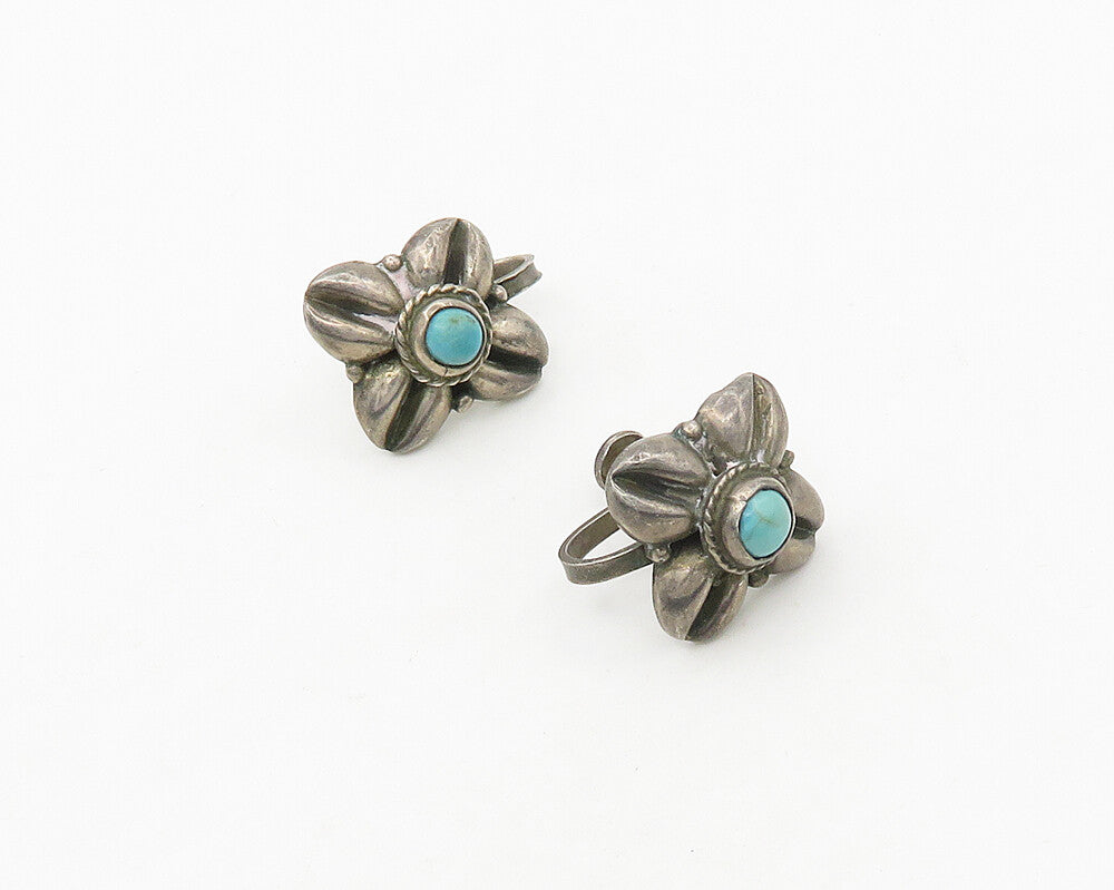 MEXICO 925 Silver  Vintage Antique Turquoise Floral Non Pierce Earrings EG9273