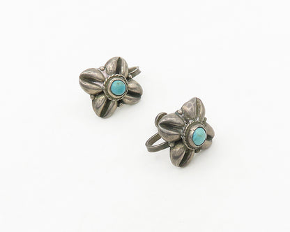 MEXICO 925 Silver  Vintage Antique Turquoise Floral Non Pierce Earrings EG9273