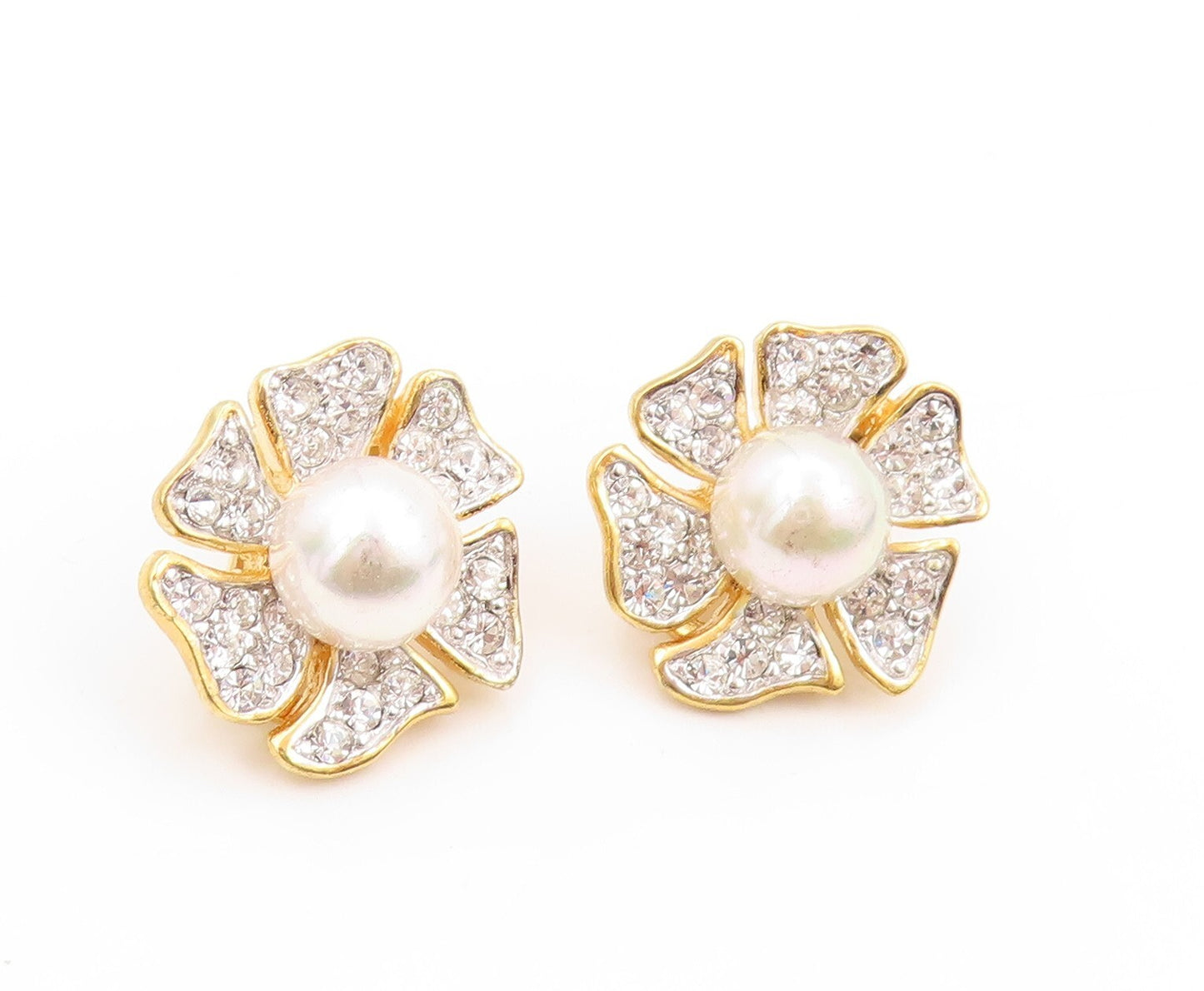 925 Sterling Silver Vintage Earrings Gold Plated Pearl & CZ Inlay Flower EG13316