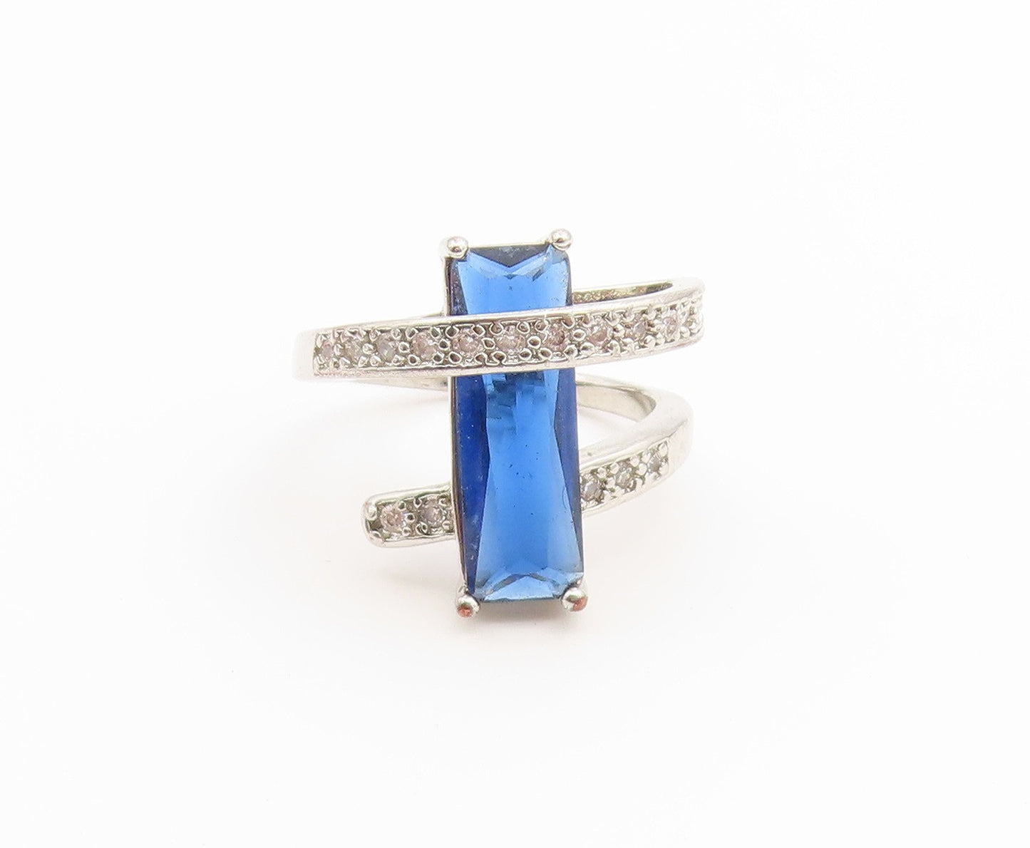 925 Sterling Silver Vintage Ring Modernist Sapphire & CZ Wrap  Sz 7  RG36936