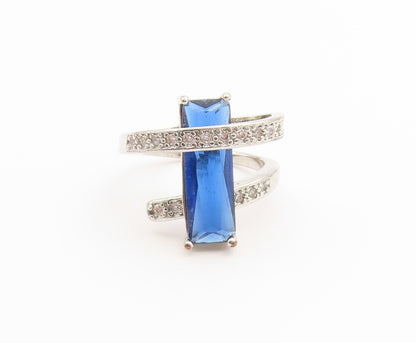 925 Sterling Silver Vintage Ring Modernist Sapphire & CZ Wrap  Sz 7  RG36936