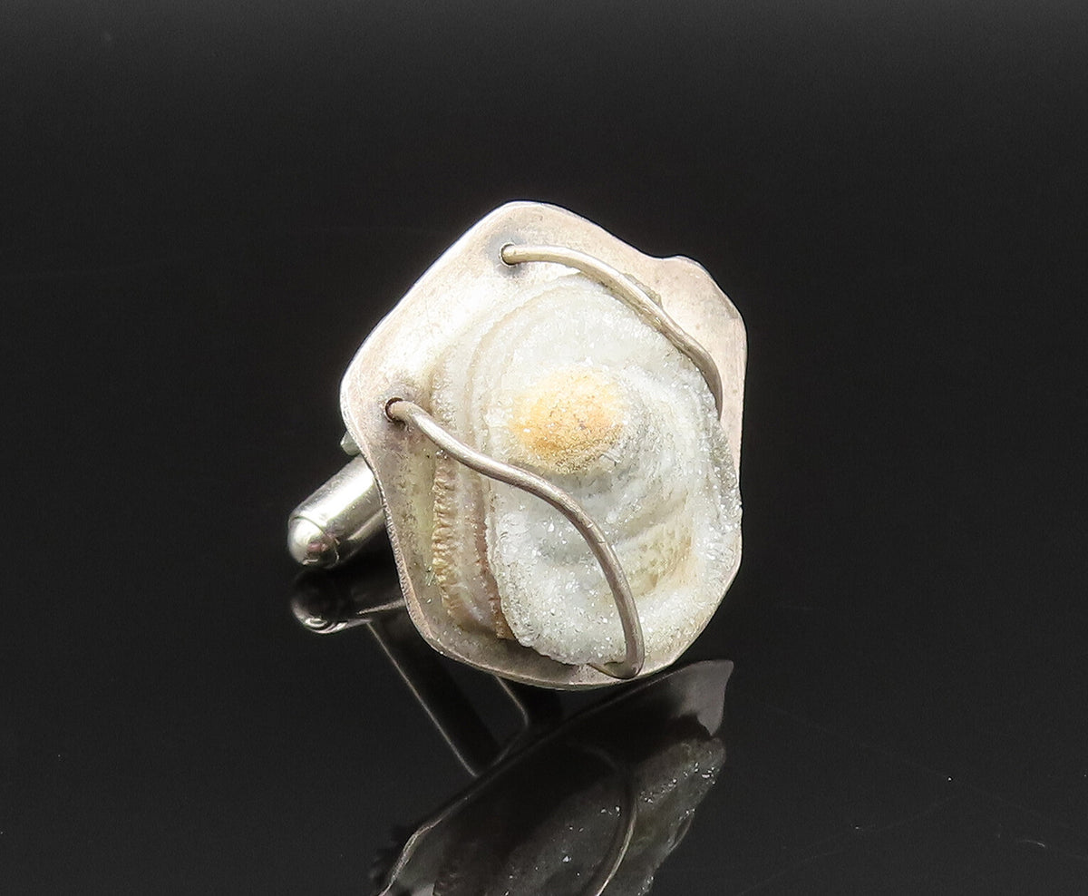 925 Sterling Silver  Vintage Carved Drusy Quartz Seashell Cufflinks  TR3353