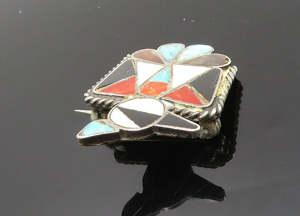 ZUNI NAVAJO 925 Silver Vintage Mother Of Pearl Multi Stone Brooch Pin BP7924