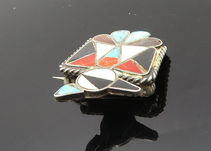 ZUNI NAVAJO 925 Silver Vintage Mother Of Pearl Multi Stone Brooch Pin BP7924