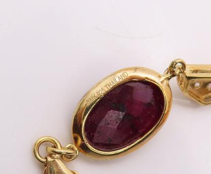 925 Sterling Silver Vintage Bracelet Gold Plated Diamonds & Oval Ruby  BT10838